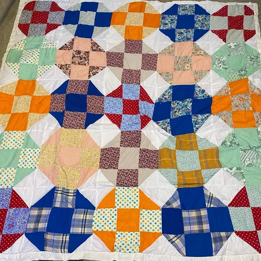 Handmade Vintage 30s Snowball Nine-Patch Quilt 67x72 Large Throw Blanket